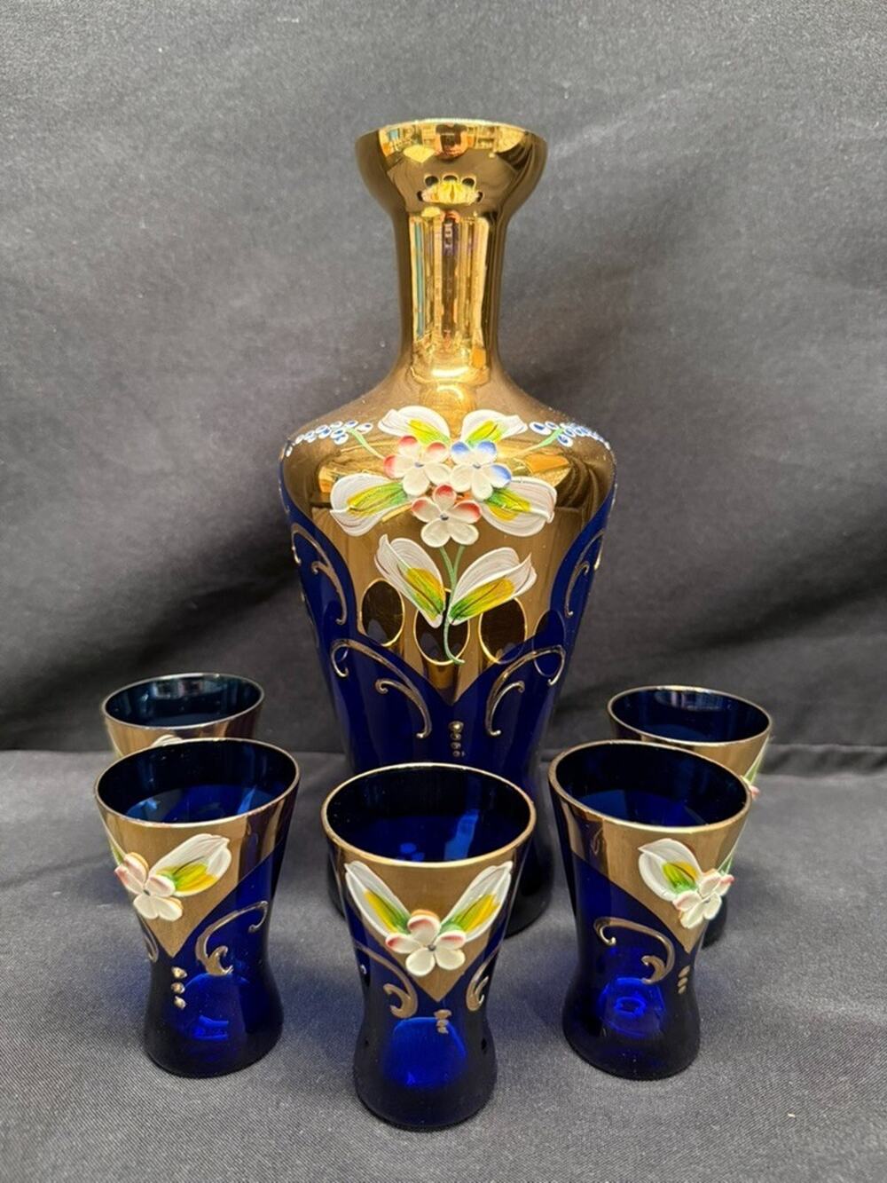 Cobalt Blue & Gold Bohemian Style Decanter (5) Shot Glasses Hand Painted Flowers